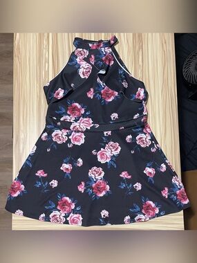 Black Floral Halter Dress with Pink Rose Print